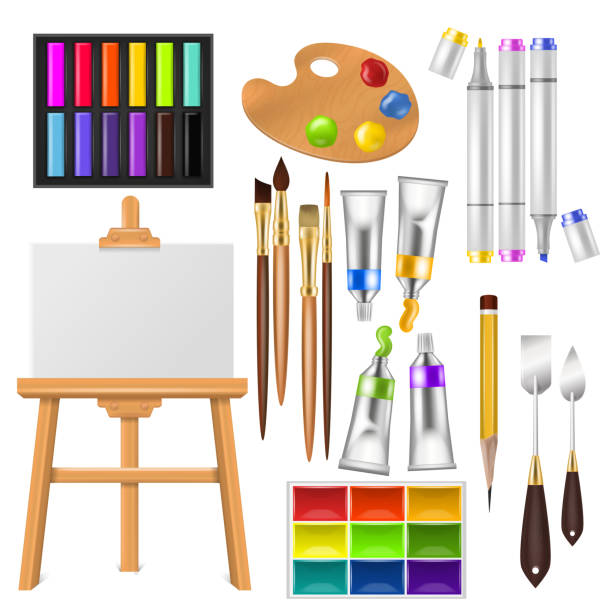 künstler-tools vektor aquarell mit pinsel-palette und farbe farben für kunst im art studio illustration künstlerische malerei pinsel oder filzstift isoliert auf weißem hintergrund festlegen - easel artists canvas paint paintings stock-grafiken, -clipart, -cartoons und -symbole