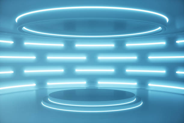 istock Interior blue futuristic background, sci-fi interior concept. Empty interior with neon lights 3D illustration 1022408538
