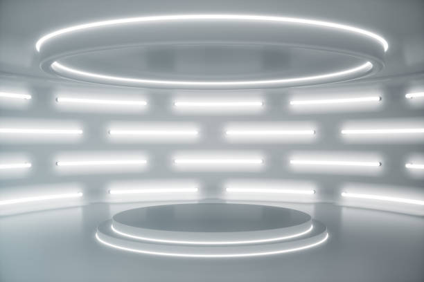 istock Interior white futuristic background, sci-fi interior concept. Empty interior with neon lights 3D illustration 1022408540