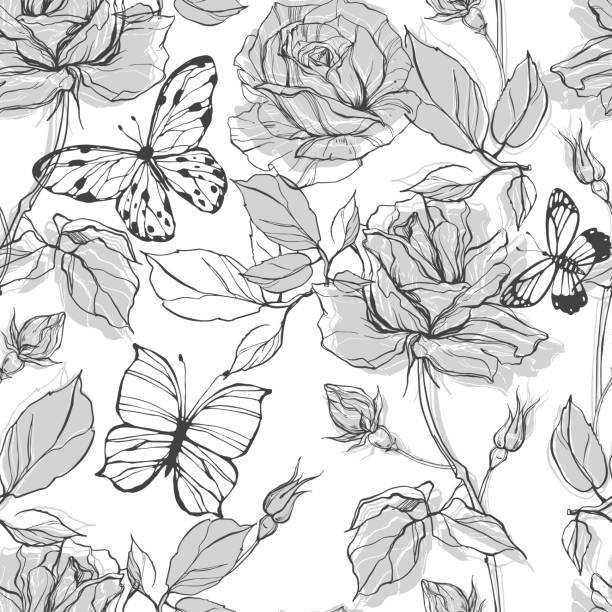 ilustrações de stock, clip art, desenhos animados e ícones de seamless vector pattern with roses and butterflies on a white background. - summer backgrounds line art butterfly