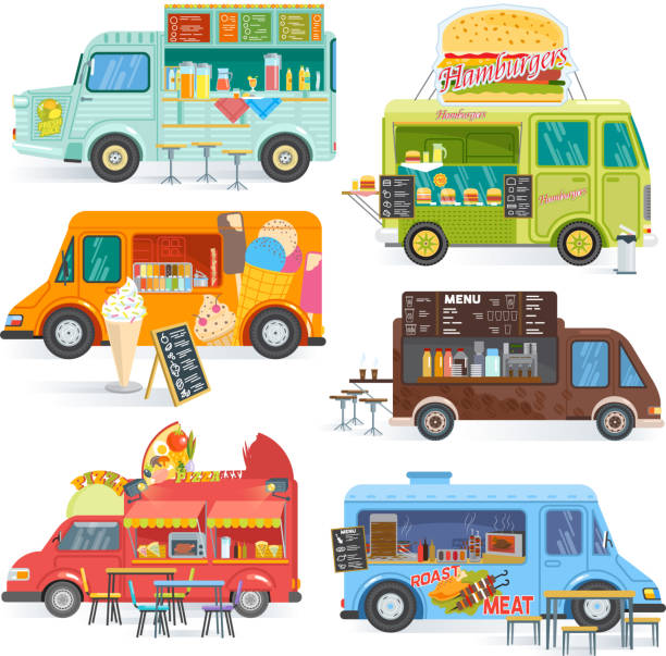 food truck wektor ulicy food-truck pojazdu i fastfood dostawy transportu z hotdog lub pizza ilustracja zestaw napojów lub lodów w foodtruck izolowane na białym tle - ice cream truck stock illustrations
