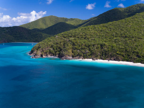 widok z lotu ptaka na plażę cinnamon bay, st john - caneel bay zdjęcia i obrazy z banku zdjęć