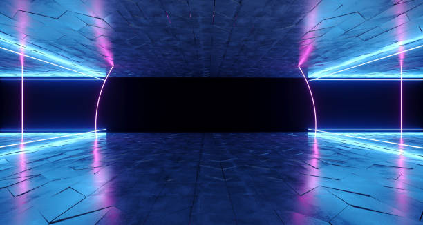 istock Futuristic Modern Sci-Fi Neon Tube Glowing Shapes On Rough Concrete Surface And Empty Space Between Purple And Blue Colors 3D Rendering 1022443884