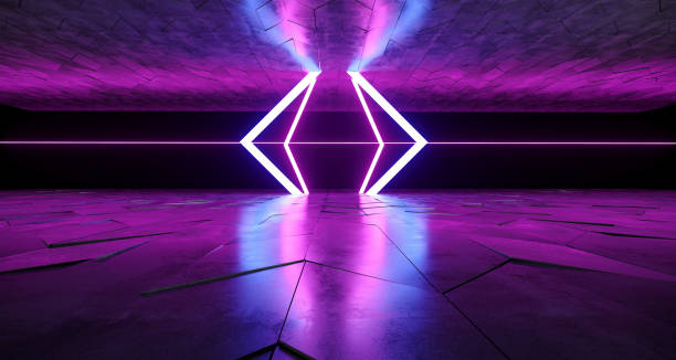 istock Futuristic Modern Sci-Fi Neon Tube Glowing Shapes On Rough Concrete Surface And Empty Space Between Purple And Blue Colors 3D Rendering 1022444028
