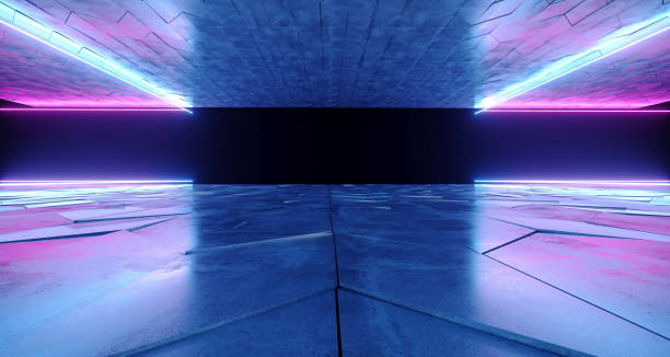 istock Futuristic Modern Sci-Fi Neon Tube Glowing Shapes On Rough Concrete Surface And Empty Space Between Purple And Blue Colors 3D Rendering 1022444086