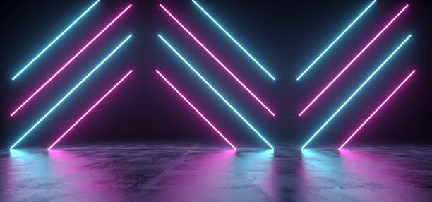 istock Futuristic Modern Sci-Fi Neon Tube Glowing Shapes On Rough Concrete Surface And Empty Space Between Purple And Blue Colors 3D Rendering 1022444224