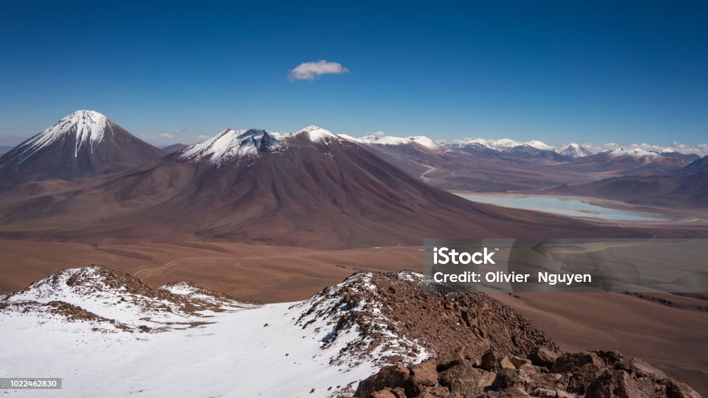 Cerro Toco view point, 5400m above sea level Cerro Toco view point, 5400m above sea level. On the right is Bolivia, in the left is Chile and behind the photographer is Argentina Altiplano Stock Photo