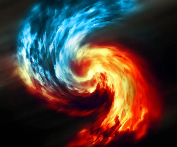 Photo of Fire and ice abstract  background. Red and blue smoke swirl on dark background