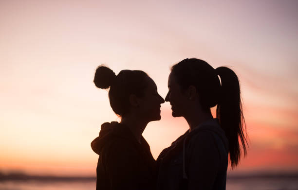 silhouette de deux amants, debout face à face - lesbian homosexual kissing homosexual couple photos et images de collection