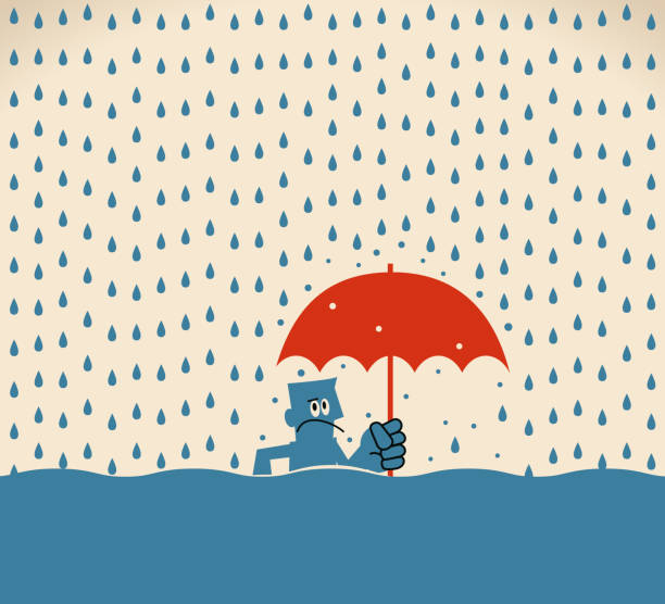ilustraciones, imágenes clip art, dibujos animados e iconos de stock de empresario con la situación de paraguas en un diluvio de lluvia - ahogar