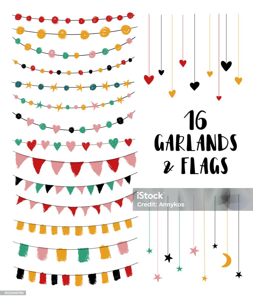 Set Of Garlands And Flags. Set of cute brush made party garlands and flags. Perfect for wedding invitations, baby shower, birthday or any greeting cards. Isolated design elements. Garland - Decoration stock vector