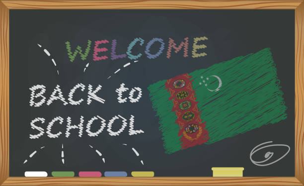 istock Back to school with learning and childhood concept. Banner with an inscription with the chalk welcome back to school and the Turkmenistan national flag 1022506402