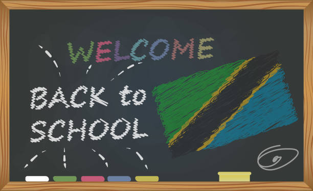 istock Back to school with learning and childhood concept. Banner with an inscription with the chalk welcome back to school and the Tanzania national flag 1022506410