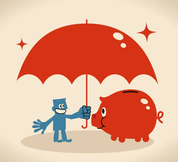 Vector illustration of Smiling businessman with a big umbrella protecting piggy bank