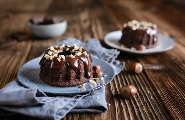 Mini chocolate bundt cakes topped with glaze and chopped hazelnuts