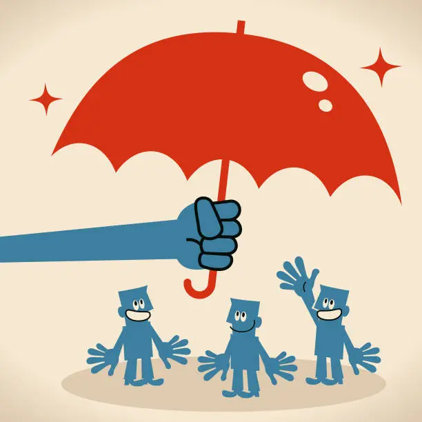 Vector illustration of Big hand holding umbrella protecting group of businessmen