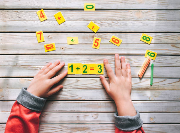 First-grader learn to count. The child decides a mathematical example. 1 + 2 = 3. Basic knowledge. stock photo
