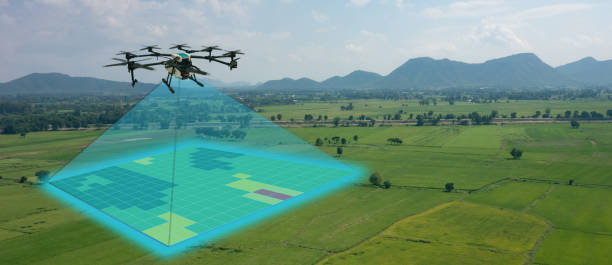 drone pour l’agriculture, utilisation pour différents domaines comme l’analyse de la recherche, sécurité, sauvetage, terrain technologie, surveillance hydratation du sol de numérisation de bourdon, problème de rendement et envoyer des données à  - drone photos et images de collection