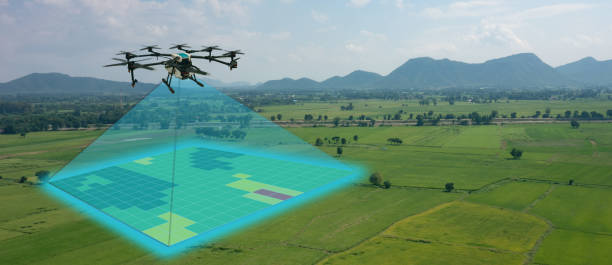 drone for agriculture, drone use for various fields like research analysis, safety,rescue, terrain scanning technology, monitoring soil hydration ,yield problem and send data to smart farmer on tablet drone for agriculture, drone use for various fields like research analysis, safety,rescue, terrain scanning technology, monitoring soil hydration ,yield problem and send data to smart farmer on tablet unmanned aerial vehicle stock pictures, royalty-free photos & images