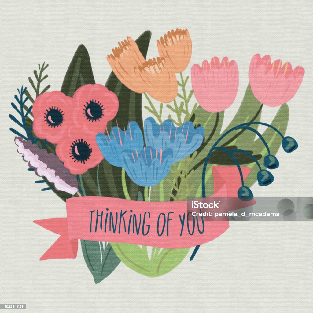 Thinking of You Banner with a Floral Bouquet Greeting Card stock illustration