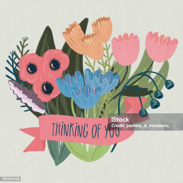 Thinking Of You Banner With A Floral Bouquet Stock Illustration - Download Image Now - Greeting Card, Consoling, Contemplation