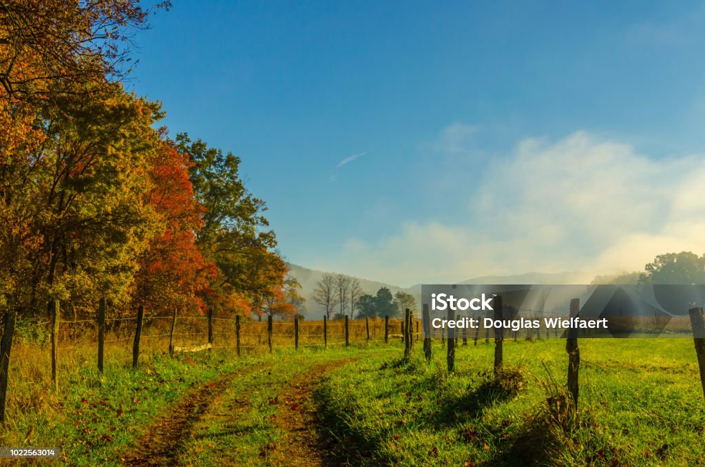 Smoky Mountains Autumn Fog and sun An early Autumn morning in Cades Cove, Great Smoky Mountains National Park.   Post and Wire fences line a dirt path leading line toward a bright blue sky, fog and mountains Rural Scene Stock Photo