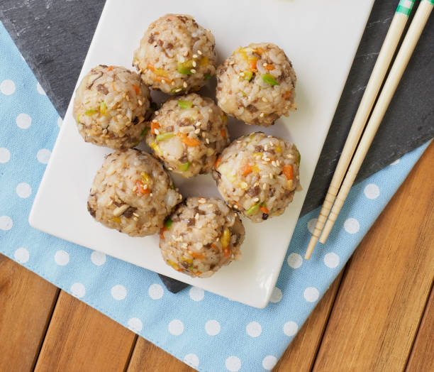 Asian food rice balls and pickled radish