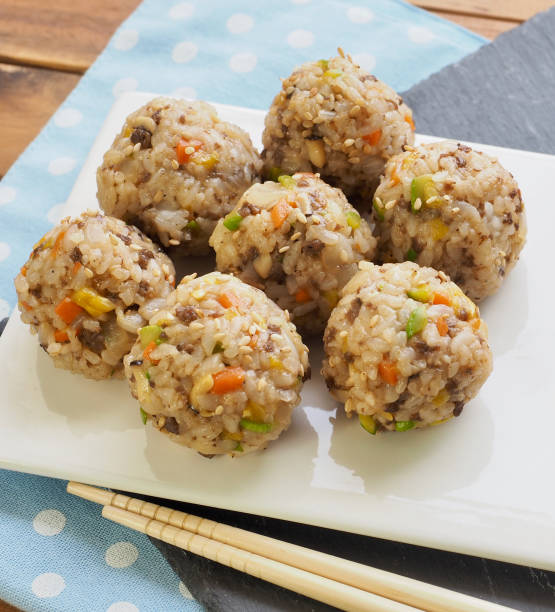 Asian food rice balls and pickled radish