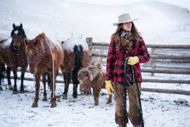 istock Cowgirl with quarter horses into paddock during a snowstorm 1022577554
