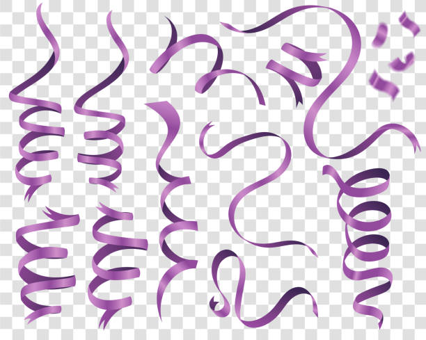 ilustraciones, imágenes clip art, dibujos animados e iconos de stock de curly morado y brillante cinta aislada sobre el fondo, colección set de tres diferentes escorzo - purple ribbon