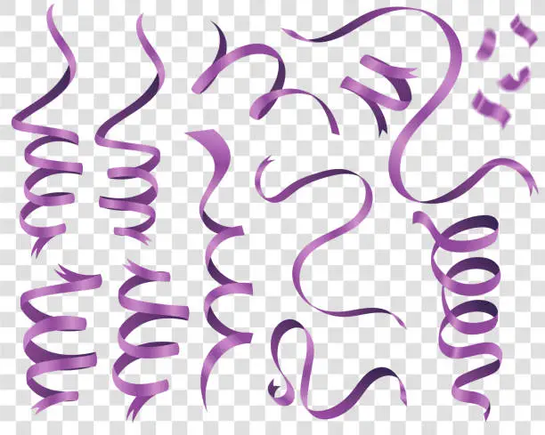 Vector illustration of Purple Curly and glossy ribbon isolated over the  background, set collection of three different foreshortening