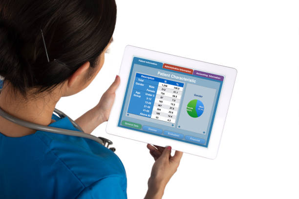 istock Female doctor holding digital tablet showing patient statistics summary on white background. 1022594770