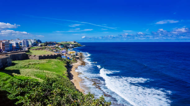 Coastline of Puerto Rico with Houses of Old San Juan stock photo