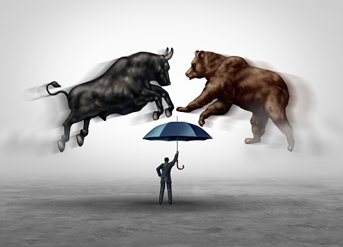 Stock market crash security and financial economic risk protection with bear and bull markets as a trading equities hazard metaphor as a money managing consultant in a 3D illustration elements.