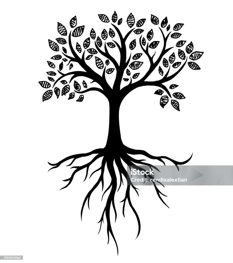 Tree silhouette with roots, real hand drawing Vector Illustration Tree stock vector