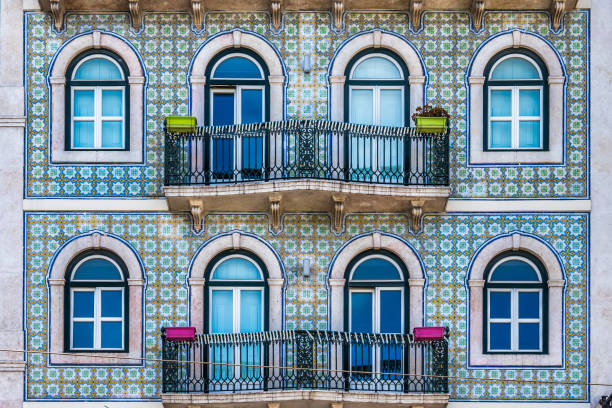 Apartment building facade in Lisbon stock photo