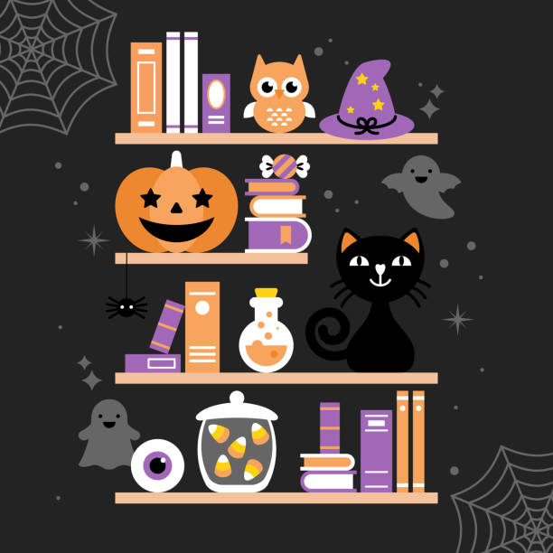 Halloween holiday greeting card design with books shelf and decoration Halloween holiday greeting card design with books shelf and decoration. Vector illustration candy house stock illustrations