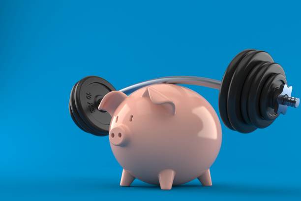 Piggy bank with barbell stock photo