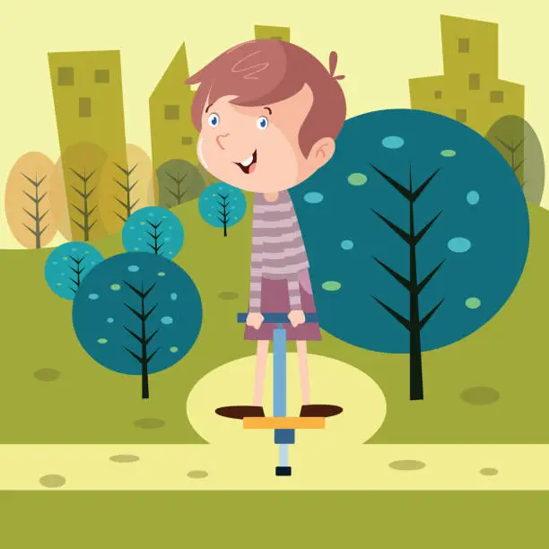 Vector illustration of cute little boy looks happy and cheerful is playing pogo stick in a green city park, cartoon character