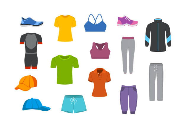 ilustraciones, imágenes clip art, dibujos animados e iconos de stock de deporte fitness ropa conjunto de gráficos - fitness apparel