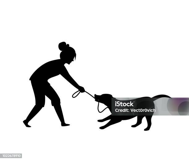 Dog Misbehaving Tugging Biting On A Leash During Walking Silhouette Vector Illustration Graphic Scene - Arte vetorial de stock e mais imagens de Cão