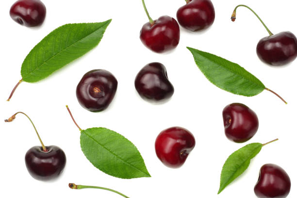 istock cherry with green leaf isolated on white background. Top view 1022679276