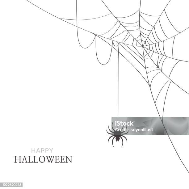 Spider And Cobweb On White Backgroundhappy Halloween Greeting Card Stock Illustration - Download Image Now