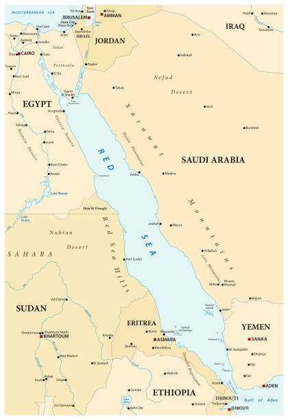 illustrazioni stock, clip art, cartoni animati e icone di tendenza di mappa del mar rosso con i paesi vicini. - gulf of suez
