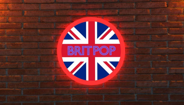 testo "britpop" su un cartello al neon con motivo di bandiera britannico. rendering 3d. - britpop foto e immagini stock