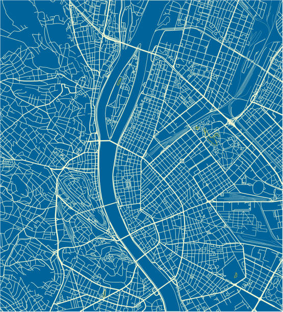 blaue und weiße stadt vektorkarte von budapest mit gut organisierten getrennte schichten. - danube river illustrations stock-grafiken, -clipart, -cartoons und -symbole