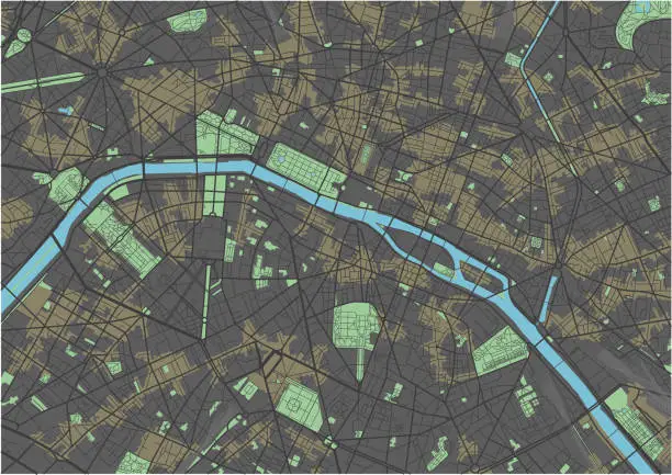 Vector illustration of Paris vector map with dark colors.