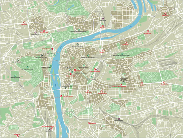 wektorowa mapa miasta pragi z dobrze zorganizowanymi oddzielonymi warstwami. - charles bridge stock illustrations