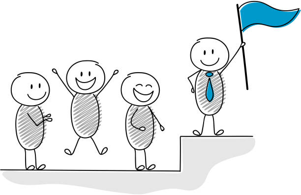 Funny Cartoon Stickmen With Leader With Flag Standing On The Top Vector  Stock Illustration - Download Image Now - iStock