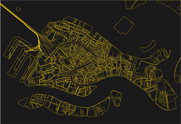 illustrazioni stock, clip art, cartoni animati e icone di tendenza di mappa della città vettoriale nera e gialla di venezia con strati separati ben organizzati. - venezia